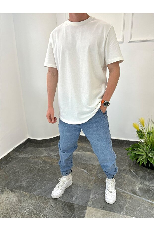 Oval Kesim Basic Kırık Beyaz Tshirt - 1