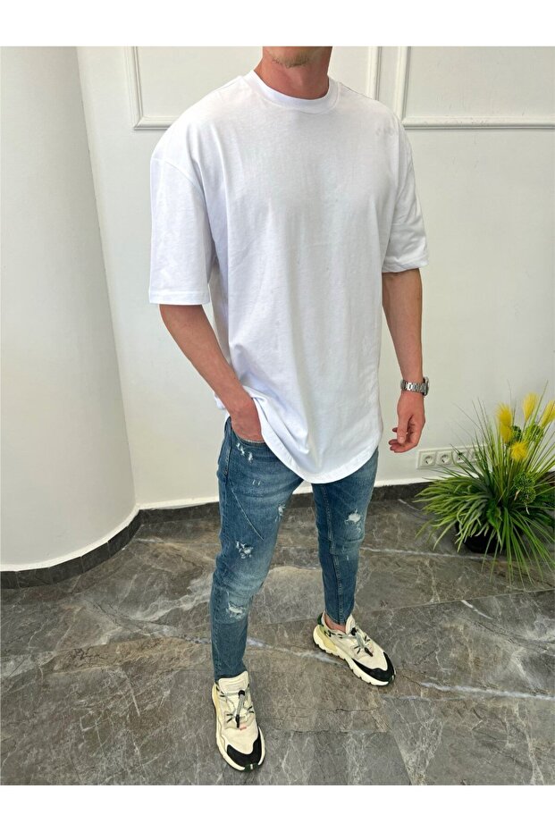 Erkek Oval Kesim Basic Beyaz Tshirt - 2