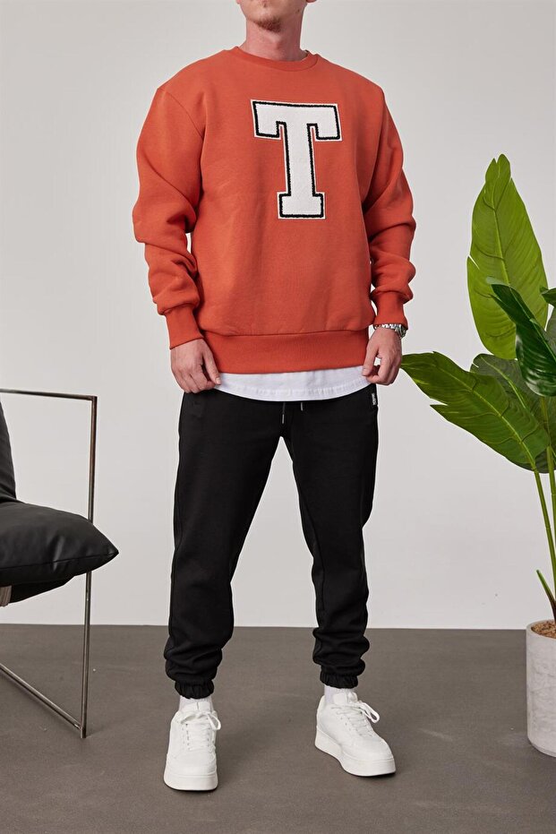 T Harf Baskılı Kiremit Sweatshirt - 3