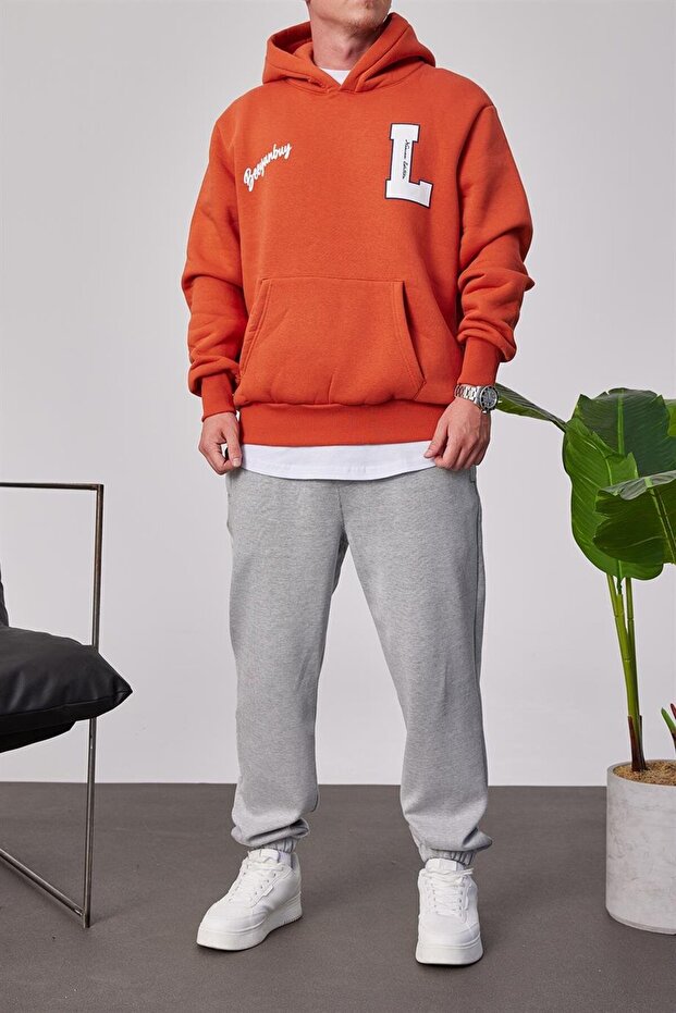 L Harf Baskılı Kiremit Kapüşonlu Sweatshirt - 4