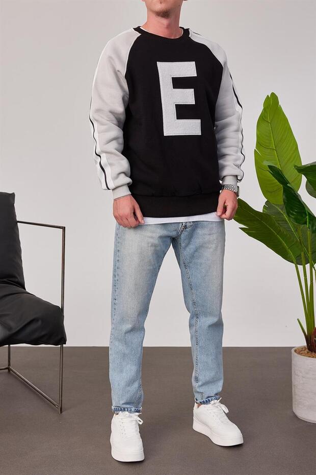 E Harf Baskılı Siyah Sweatshirt - 3