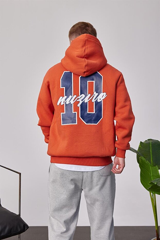 L Harf Baskılı Kiremit Kapüşonlu Sweatshirt - 3