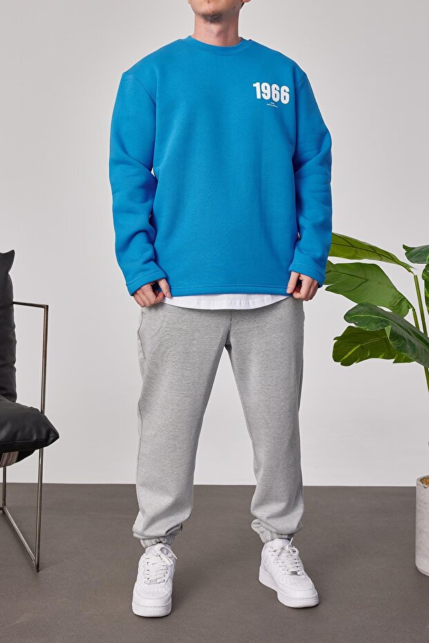 1966 Baskılı Mavi Sweatshrt - 4