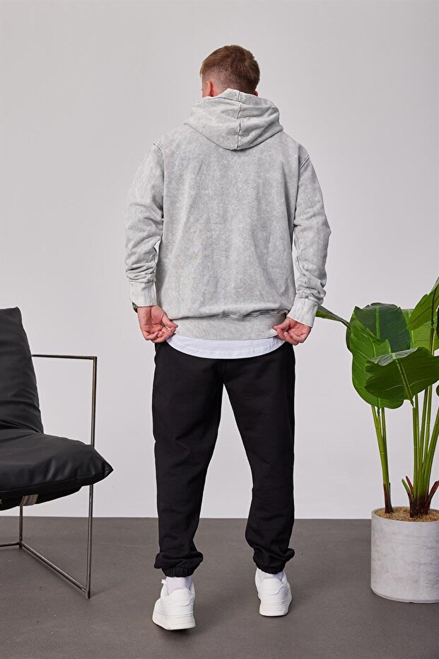 Yıkamalı Basic Kapüşonlu Gri Sweatshirt - 3