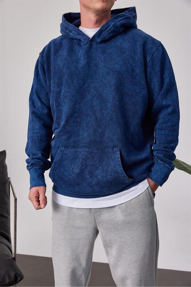 Washed Basic Hooded Navy Blue Sweatshirt - 2