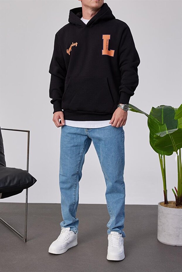 L Harf Baskılı Siyah Kapüşonlu Sweatshirt - 5