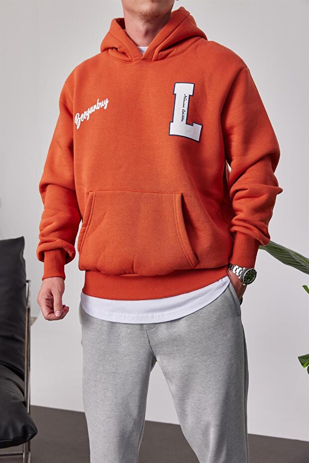 L Harf Baskılı Kiremit Kapüşonlu Sweatshirt - 2