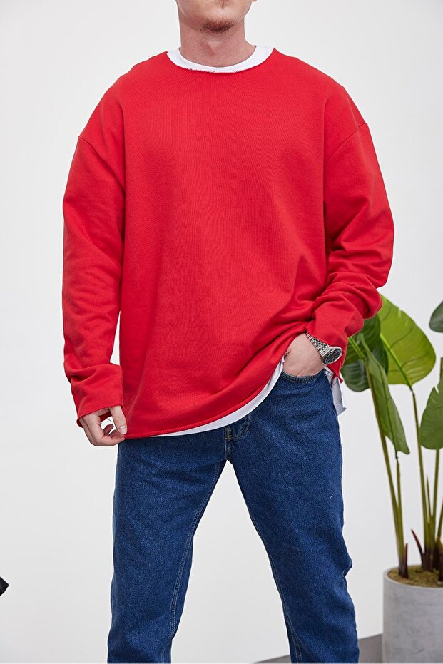 Men's Sweatshirt Dirty Collar Red Oversize Crew Neck 3 Thread Without Piping