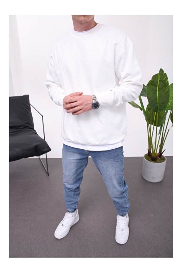 Basic Pamuk Beyaz Sweatshirt - 1