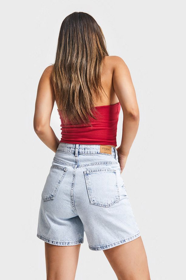 Kadın Ice Kot Rengi 3s5-3 Kırmızı Çiçek Nakışlı Midi Boy %100 Koton Rahat Kesim Tasarım Denim Şort - 5