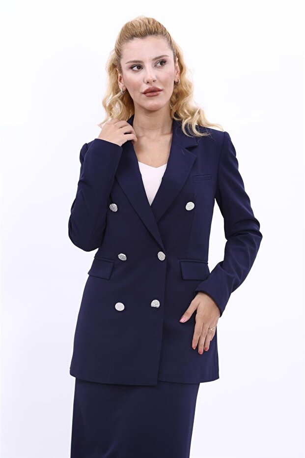 Men's Collared Kuruvaze Blazer Jacket-Navy Blue - 1034100