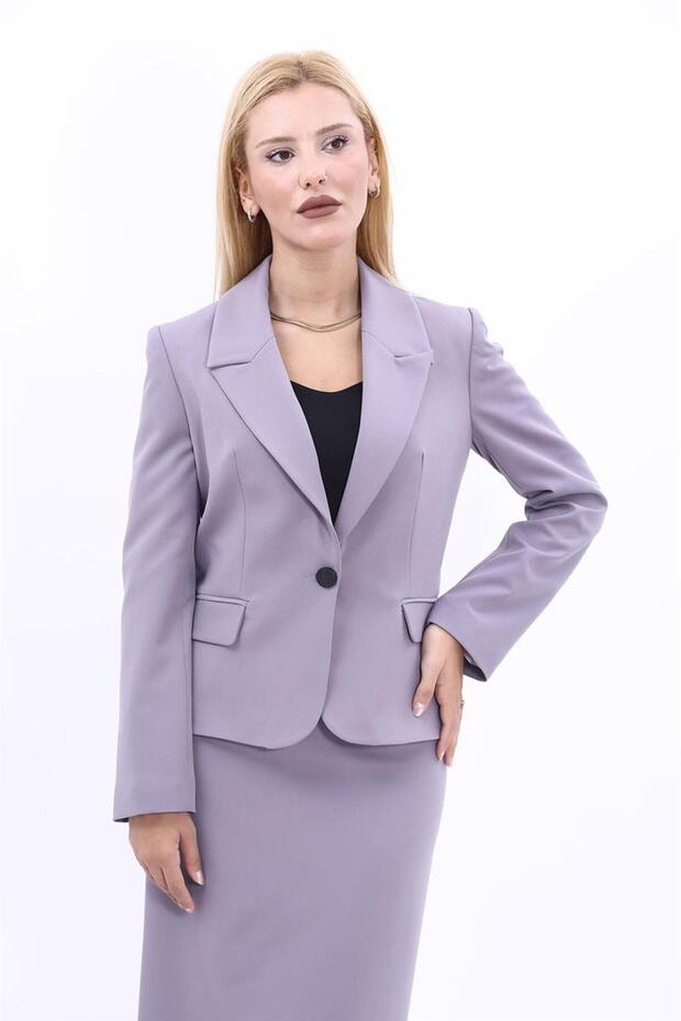 Plus Size - Collared Single Button Jacket-Anthracite
