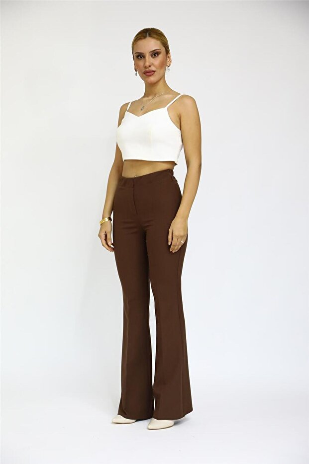 İspanyol Paça Pantolon-Kestane - 4