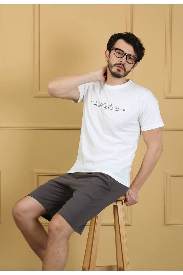 Erkek %100 Pamuk Baskılı Kısa Kollu Şortlu Cepli Yazlık Pijama Takımı - 3