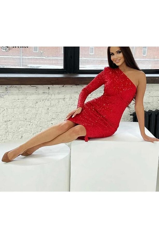 Lüks Designer Tek Omuzlu Payet Sequins Elbise Gece Parti Davet Özel Davet Elbise - 5