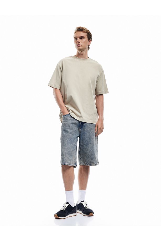 Kısa Kollu Bisiklet Yaka Pamuklu Basic Oversize Tişört - 2