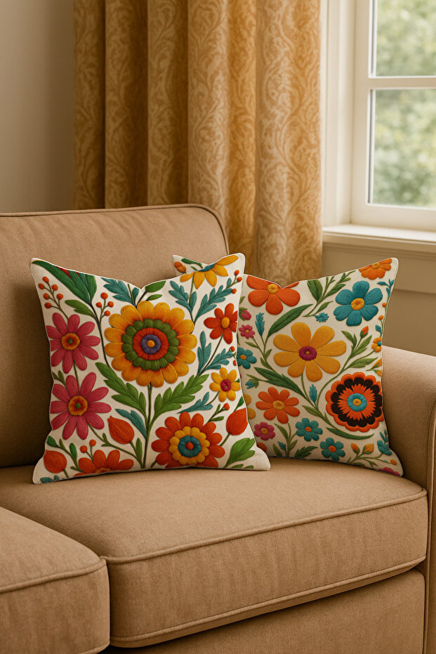 3D Flower Embroidery Embroidered Classic Style Digital Printing Set of 2 Throw Pillow Covers