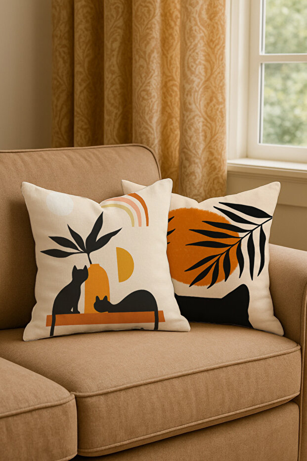 Bohemian Cat Patterned Bohemian Style Digital Printing Set of 2 Throw Pillow Cases