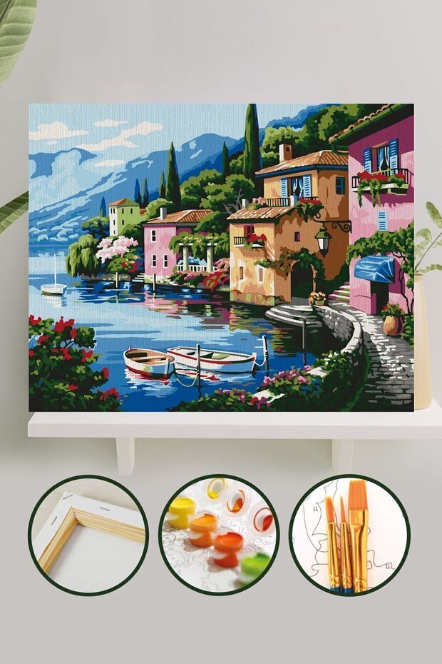 Palmiye Hobi Sanat Kırtasiye Sayılarla Boyama 40x50 Cm Tuval Seti Fırça Boya Dahil Çıtaya Gerili - Deniz Evler