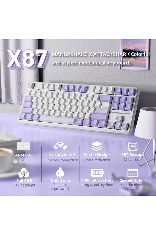 Attack Shark X87 Tri-mode Gasket Mekanik Klavye - 8000Hz Polling Rate, RGB Aydınlatma ve Gasket - 7
