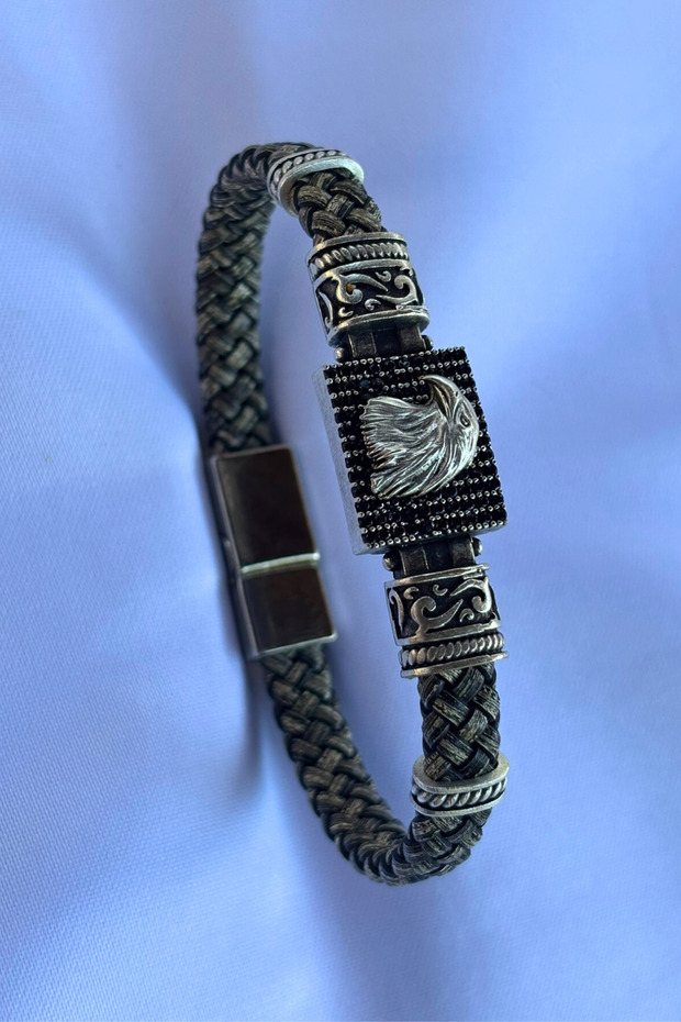 Genuine Leather Men's Bracelet Made with Eagle Rectangular Zircon Stone Handcrafted