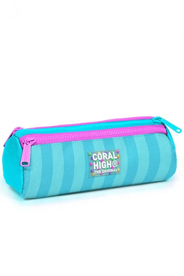 Kids Turquoise Pink Striped Three Compartment Pencil Bag 22087