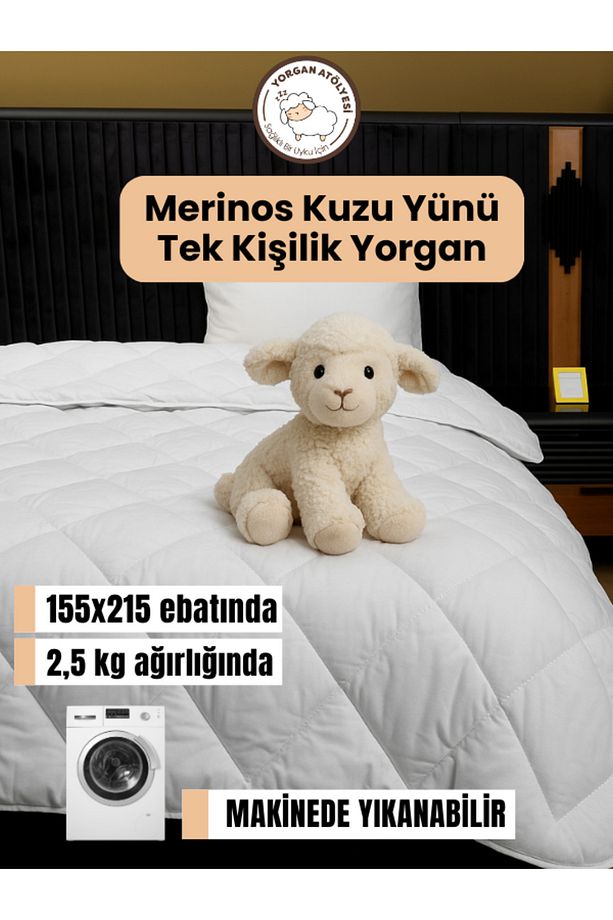 Tek Kişilik Yün Yorgan 155x215 Cm - %100 Kuzu Yünü, 2.5 Kg, Nefes Alır, Terletmez, 4 Mevsim Konfor - 1