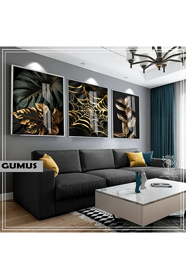 Amazing | Black&Gold Set Leaf-Holographic Net Combination | Framed Glass Table 3 Pieces Vertical