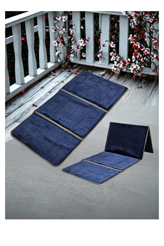 Foldable padded prayer rug that doubles as a relaxation mat and floor seat with backrest.