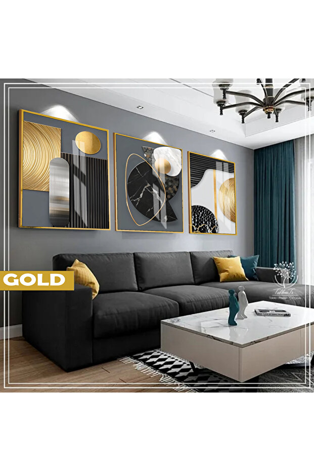 هاريكابيريف | مجموعة BLACK&GOLD BOHEM ABSTRACT COMBINATION | طاولة زجاجية بإطار 3 قطع عمودية