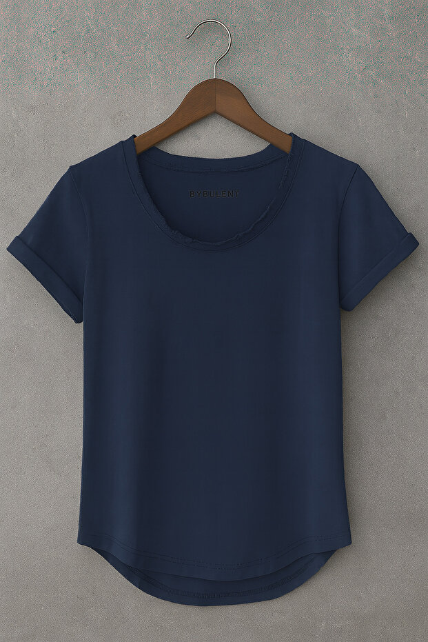 Men's Navy Blue Slim Fit Special Production Wide Collar Bottom Oval Cut T-Shirt