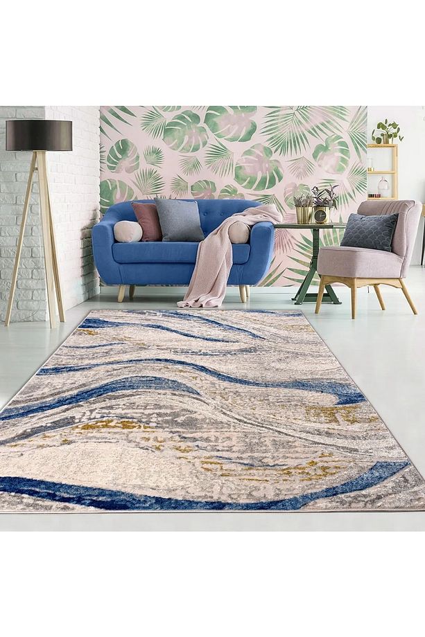 Modern Desenli Yumuşak Tuşeli Gri Mavi Salon Oturma Odası Halısı - 3