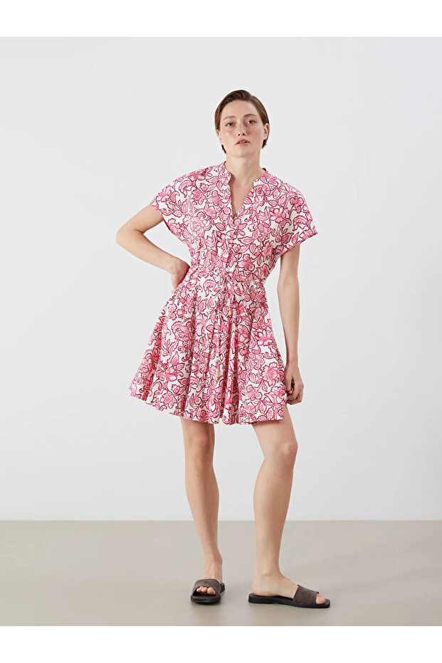 LCW Vision Pembe Kaçık Yaka Çiçekli Pileli Elbise - 2