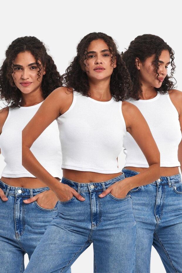 Ribbed White Crop Halter Neck Zero Sleeve Cotton 3-Piece Women's Tank Top