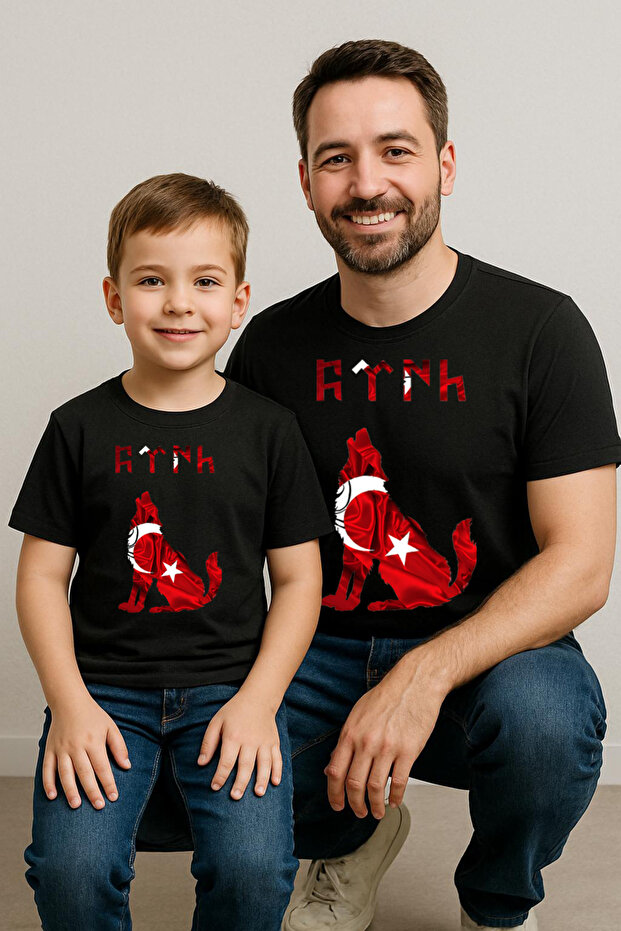 Father Son Bozkurt T-Shirt Combination – Turkish Flag Orhun Written Design