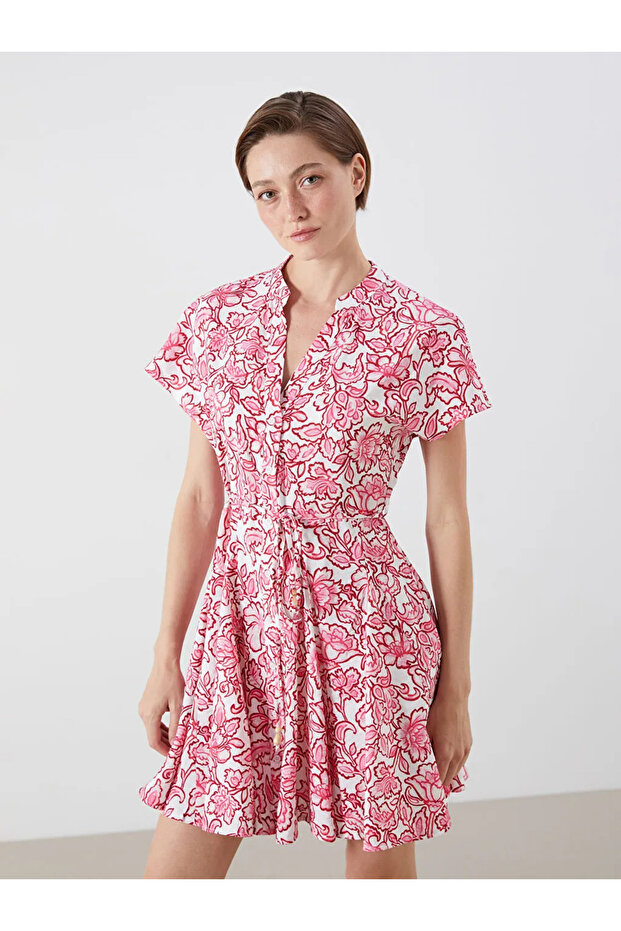 LCW Vision Pembe Kaçık Yaka Çiçekli Pileli Elbise - 1