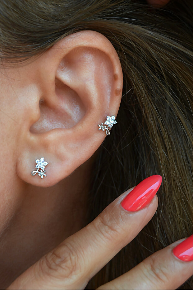 Zircon Stone Mini Flower Earrings – Silver Color