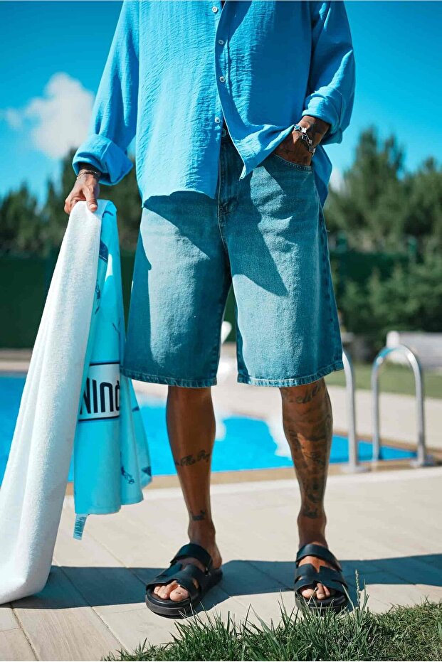 Men's Super Baggy Fit Bermuda Jean Shorts Blue