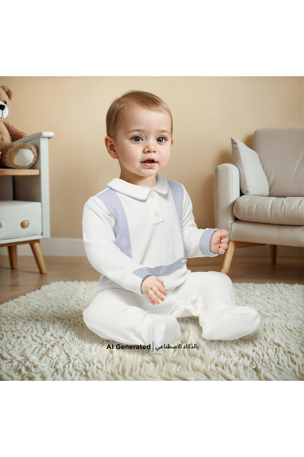 Solid Velour Collared Sleepsuit with Button Detail - 5