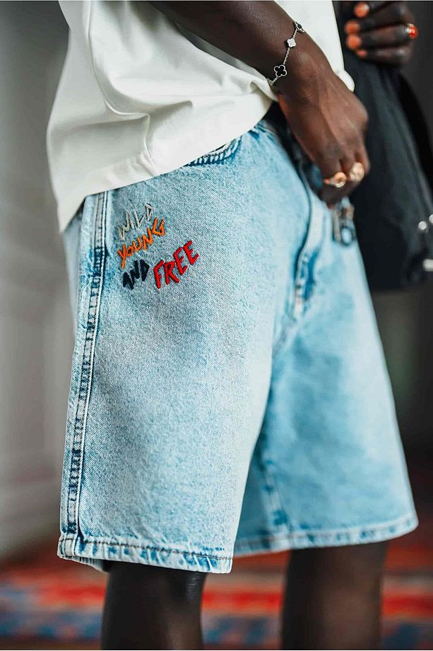 Erkek Slogan İşlemeli Baggy Jean Şort Mavi - 2