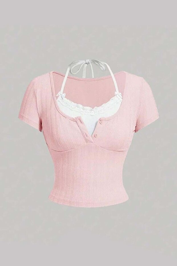 بلوزة داخلية بأكمام قصيرة وأزرار أساسية مع حزام إضافي - 1