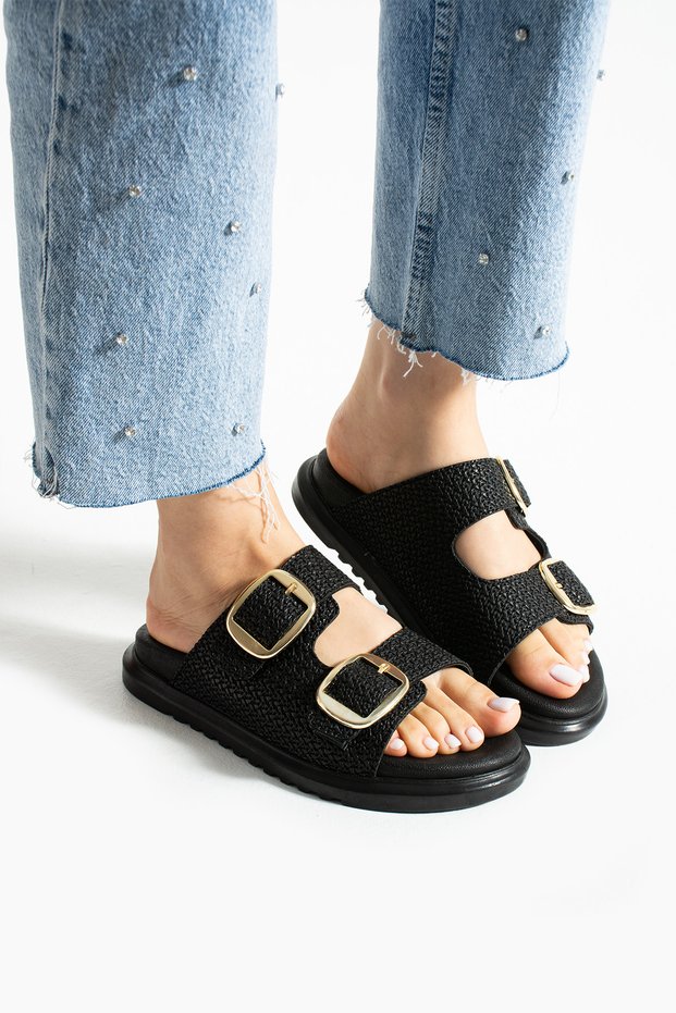 Black Straw Textured Gold Buckle Orthopedic Women's Slippers | Stylish, Lightweight and Comfortable Summer Casual Model