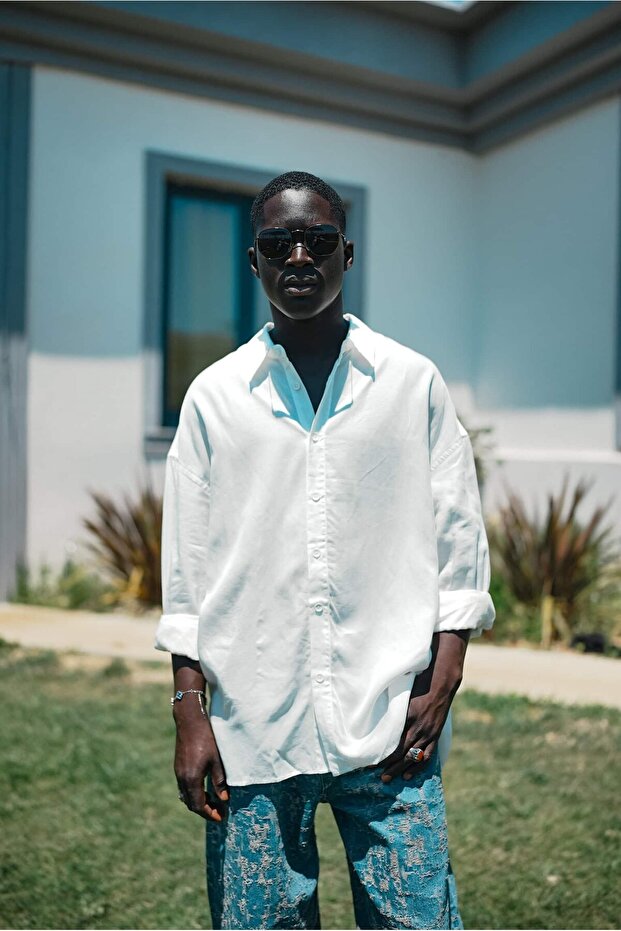 Erkek Soft Dokulu Basic Oversize Gömlek Beyaz - 1