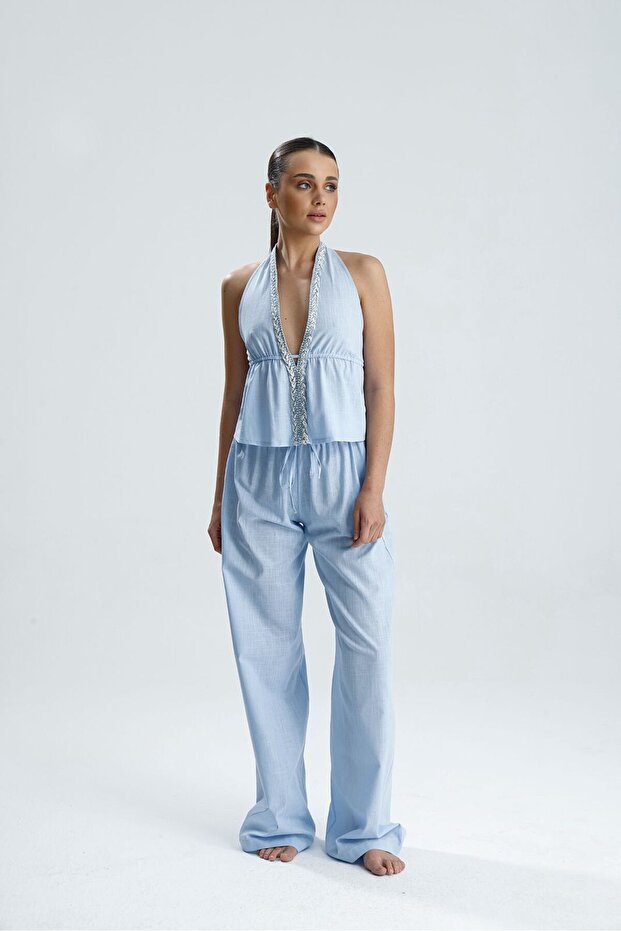 Lena Collar Embroidery Detail Double Linen Summer Suit