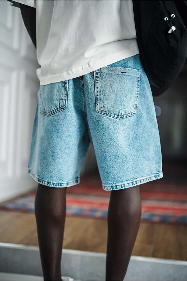 Erkek Slogan İşlemeli Baggy Jean Şort Mavi - 5