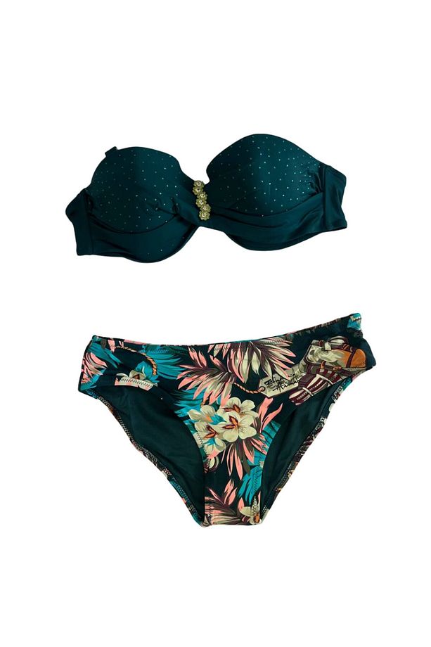 Kadın Zümrüt Yeşil Taş İşlemeli Aksesuar Detaylı Astarlı Bikini Takımı HZL25S-LC4005 - 3