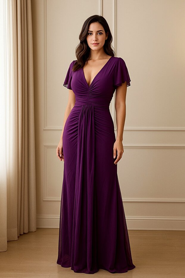 Deep V-Neck Draped Scarf Detail Tulle Evening Dress