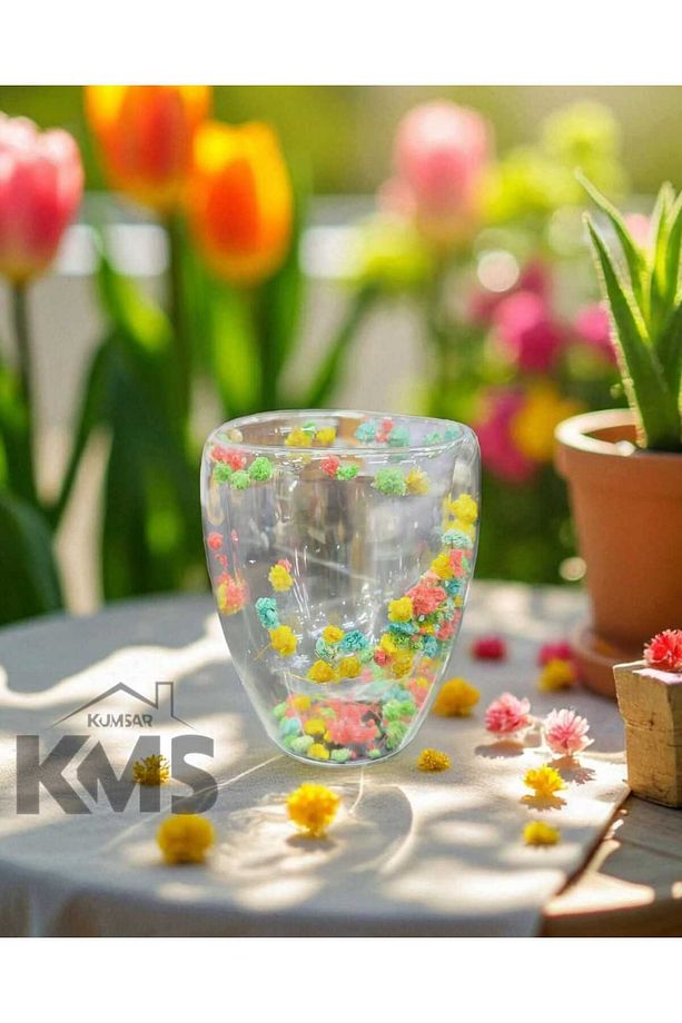 Isıya Dayanıklı 2'Lİ Borosilikat Çift Cidarlı Çiçekli Bardak Ve Kahve Sunum Bardağı /Flower Cup - 1