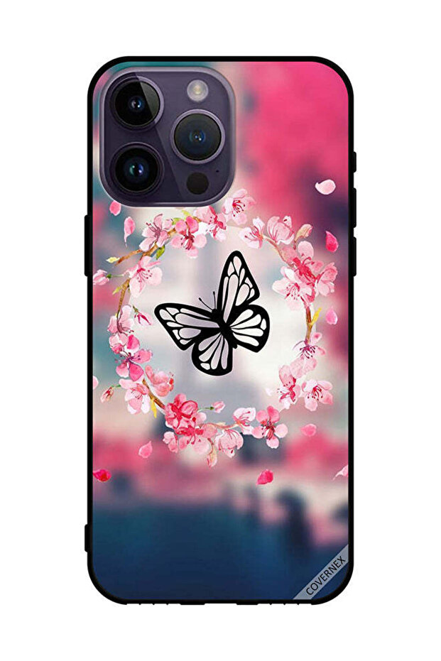غطاء حماية لهاتف Apple iPhone 14 Pro Max بتصميم فراشة وحلقة زهور