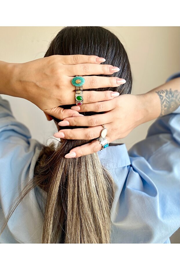 خاتم عتيق مكون من 3 أحجار فضية قابلة للتعديل - 1